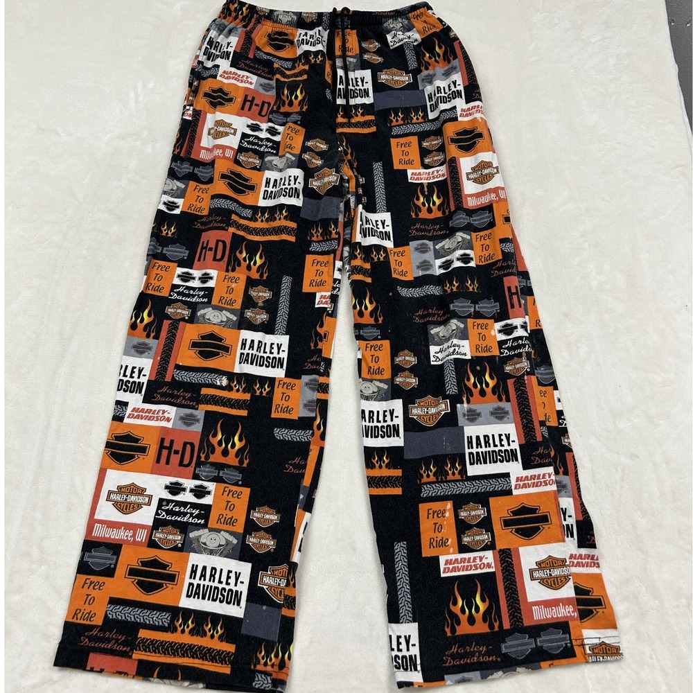 Harley-Davidson Pajama Pants Mens L Black Orange Flame Logo All Over Print